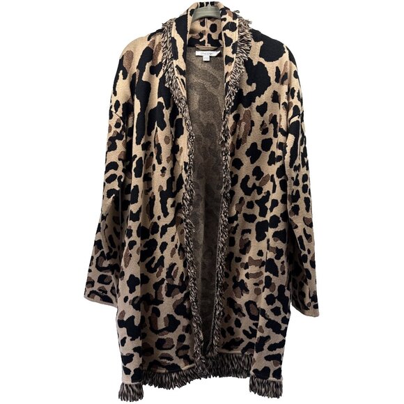 Chico's Sweaters - Chicos Women's Thick Long Cardigan Medium Brown Animal Print Open Fringe Boho